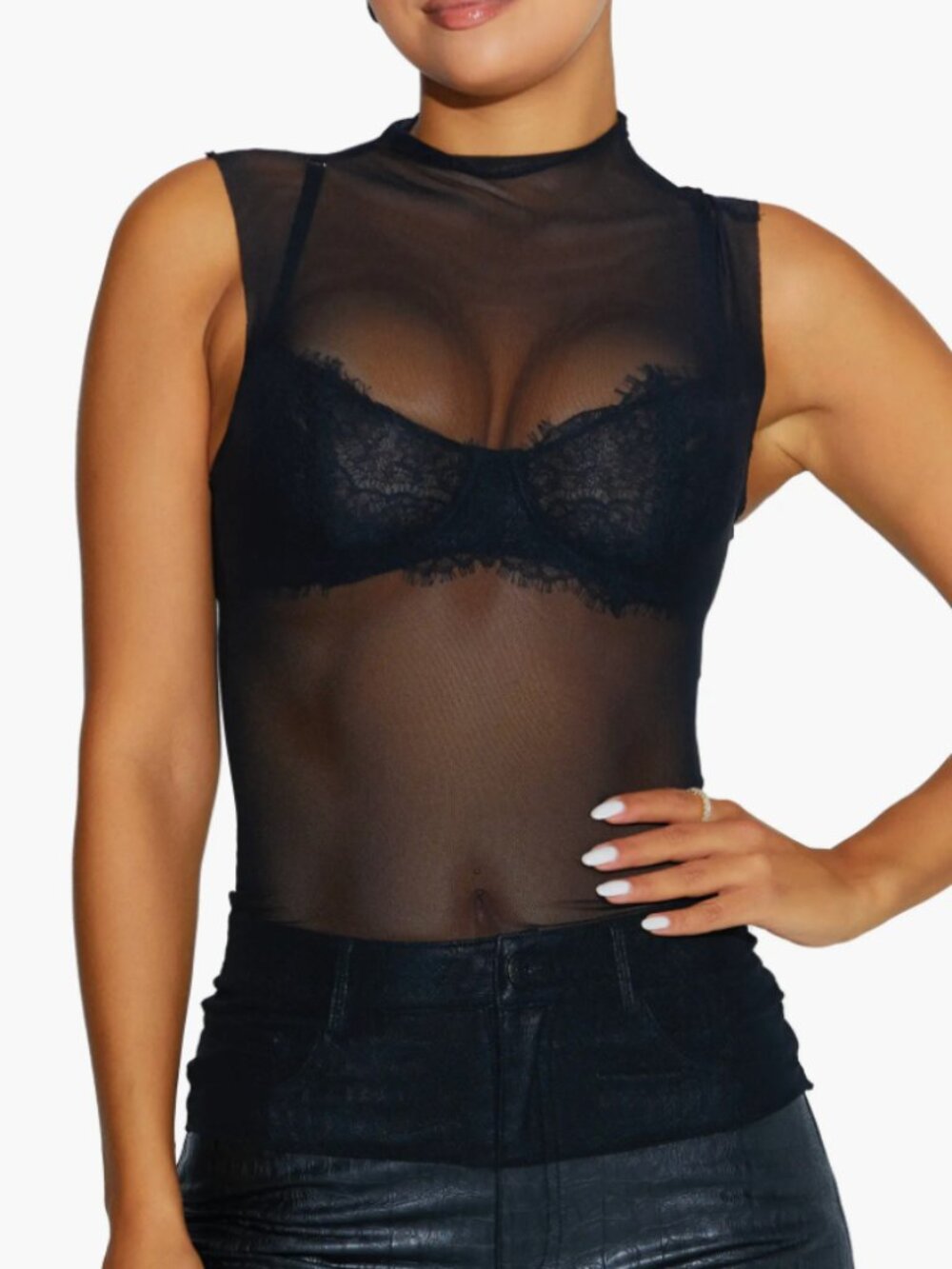 Naked Wardrobe Black Sheer Mesh Mock Funnel Neck Tank Sleeveless Fitted Top
